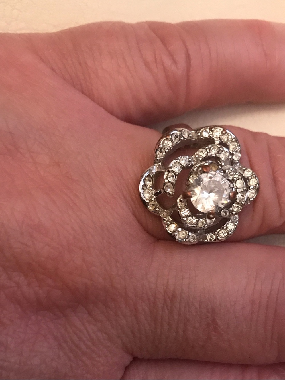 Silver Crystal Flower Cocktail Ring - Clear